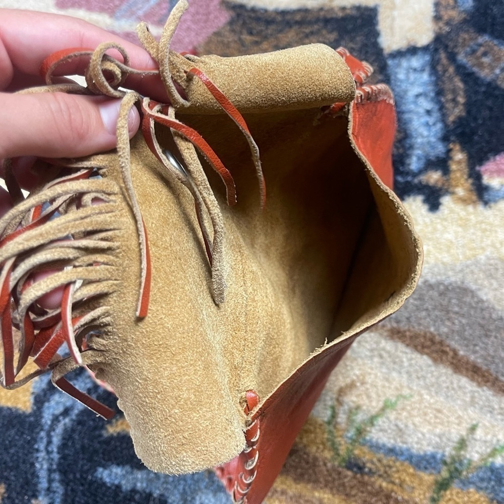 Vintage Leather Orange Bag with Fringe and Snap Closure - Picture 6 of 11